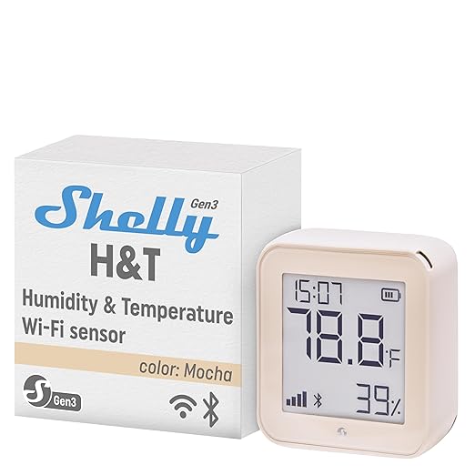 Shelly H&T Gen3 Mocha | Wi-Fi and Bluetooth Smart Temperature & Humidity Sensor with Remote App Control & Monitoring | Smart Scenes | Notification Alerts | LCD Display | Free Data Storage Export
