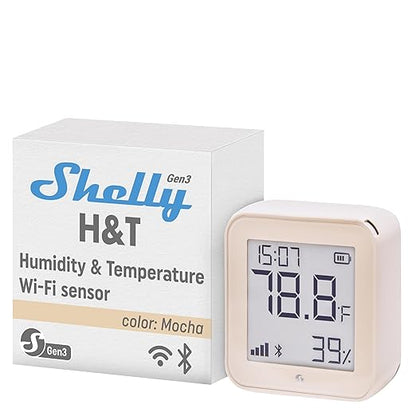 Shelly H&T Gen3 Mocha | Wi-Fi and Bluetooth Smart Temperature & Humidity Sensor with Remote App Control & Monitoring | Smart Scenes | Notification Alerts | LCD Display | Free Data Storage Export