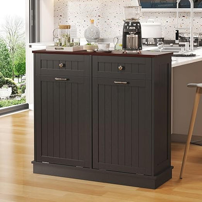 Tilt Out Trash Can Cabinet Dog Proof with Double Wood Hidden Trash Can Holder, Kitchen Free Standing Recycling Cabinet（Black）