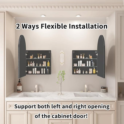 Bathroom Medicine Cabinet with Mirror, Arched Medicine Cabinet Wall Mounted, Modern Vanity Mirror with Storage, Mirrored Cabinet with Adjustable Shelves, Not Recessed, 20x32 Inch,Black