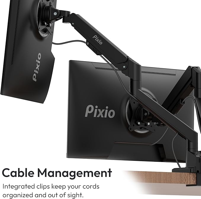 Pixio PS1D Wave Black Dual Monitor Arm Stand Desk Mount - Fits up to 32 inches Monitors and up to 19.8lbs. VESA Compatibility and Integrated Cable Management