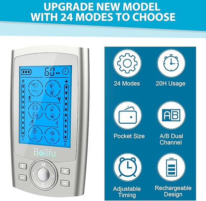 Belifu Dual Channel TENS EMS Unit 24 Modes Muscle Stimulator for Pain Relief Therapy, Electronic Pulse Massager Muscle Massager with 10 Pads, Dust-Proof Drawstring Storage Bag, Fastening Cable Ties