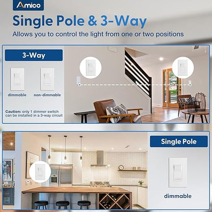 Amico 24 Pack Dimmer Light Switch, Single-Pole or 3-Way Slide Dimmer Switches for Led Lights, Suitable for 150W Dimmable LED/CFL Lights and 600W Incandescent/Halogen, Wall Plate Included, White