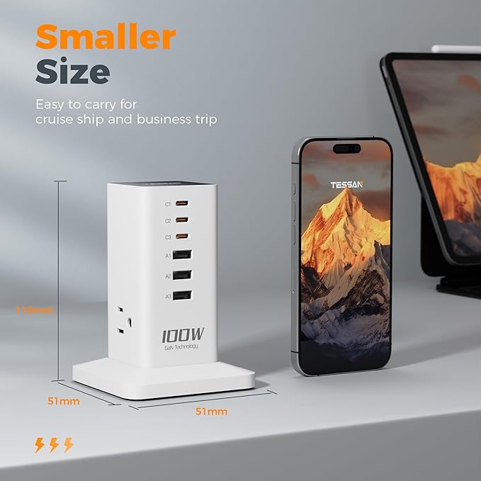 Charging Station PD 100W, TESSAN 9-in-1 USB C Power Strip for iPhone 17/16, MacBook, Tablet, Desktop Phone Fast Charger with 3 AC, 3 USB-A Ports, Home Drom Office Accessories, White
