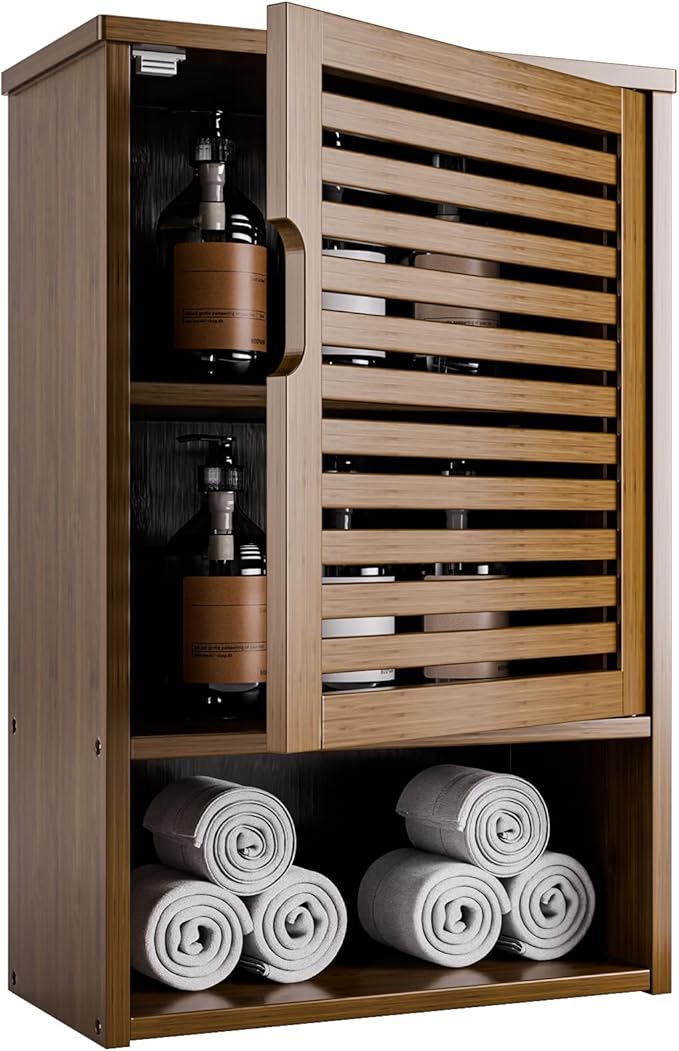 HITNET Medicine Cabinet, Wall Hanging Cabinet with Adjustable Shelf, Bathroom Storage Organizer Over The Toilet with Single Door and Open Bottom Shelf, Walnut