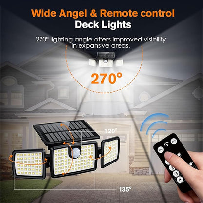 Solar Lights Outdoor, Quick Charge Solar Motion Deck Lights Outdoor for Deck with 158LEDs High Brightness, Larger Built-in Tempered Glass Panel, Sensitive PIR Motion Inductor (Remote,1 Pack)
