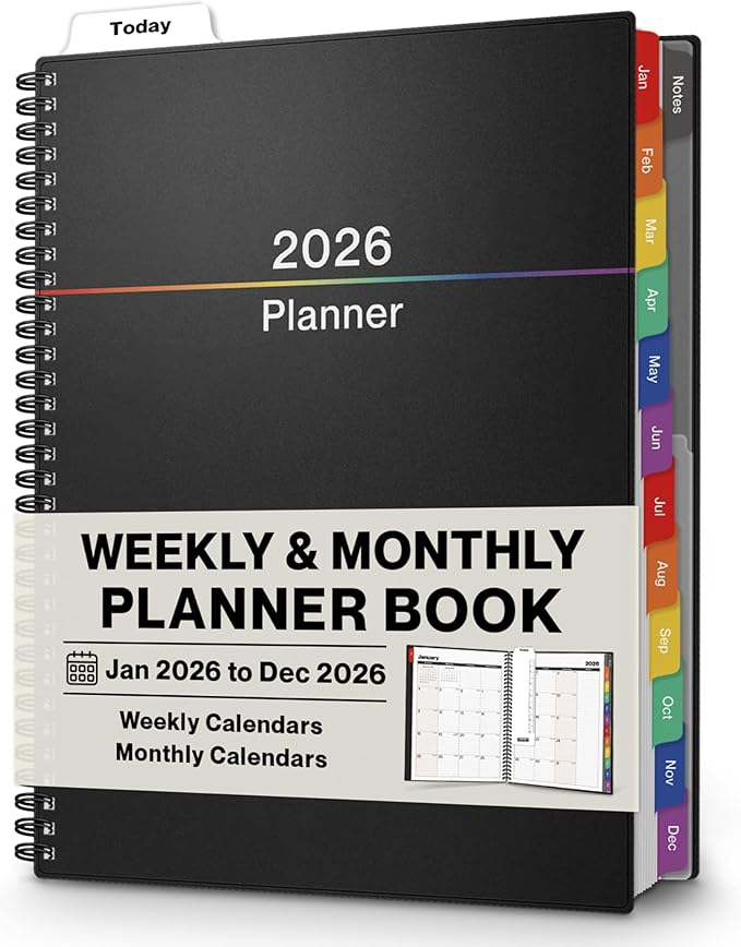 Dunwell 2026 Planner Book 8.5x11, Weekly Monthly Calendar, Jan to Dec, Large Daily Organizer with Colorful Tabs, Bookmark, Notes Section & Stickers