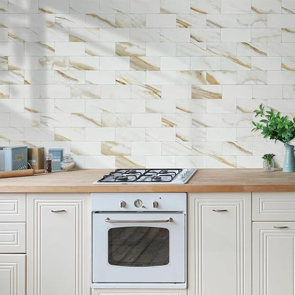 AULIGET 100-Piece Calacatta Gold Marble Look Peel and Stick Backsplash Wall Tiles, 3" x 6" Faxu Stone PVC Stick on Tile for Backsplash Kitchen, Bathroom, Laundry Room, Camper, Fireplace