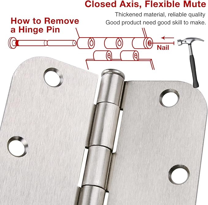 100 Pack Interior Door Hinges Brushed Nickel 3.5 inch x 3 1/2" 5/8" Round Residential Bi-fold Bedroom Standard Hinge for Wood Single/Double Bedroom Doors Silver House Hardware Kit Controls 3 ½"