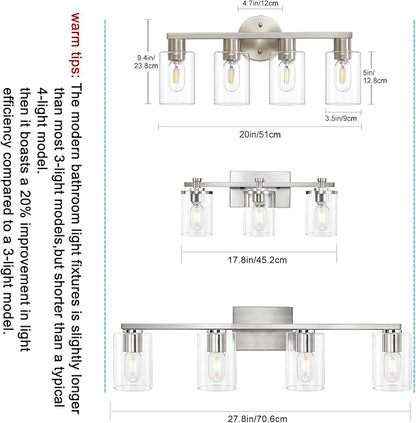 4 Light Bathroom Vanity Light, Brushed Nickel 4-Light Bathroom Light Fixtures, Vanity Lights for Make-Up Mirror, Modern Lighting Fixtures with Clear Glass Shade for Bedroom Living Room
