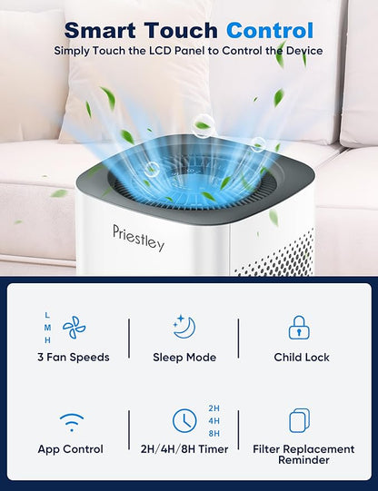 Priestley Air Purifier for Bedroom, Home, Dorm Up to 1100Ft², Smart WiFi Air Purifiers, 3-in-1 Air Filter with HEPA Sleep Mode, Remove Dust Smoke Pollutants Odor Pet Dander