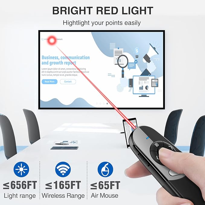DINOSTRIKE 2 in 1 Type C and USB Presentation Clicker with Air Mouse Control, RF 2.4GHz Wireless Presenter Remote PowerPoint Clicker Slide Pointer Advancer for Computer Laptop Classroom Office