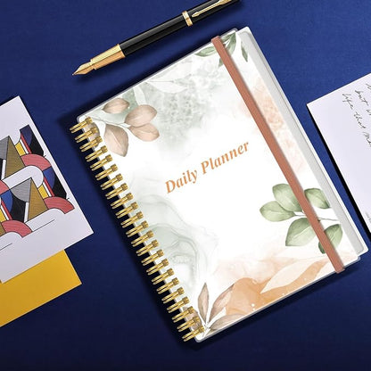 Daily Planner Undated - B5 To Do List Notebook Hourly Schedules, Spiral Appointment Planner for Women and Men, PVC Hardcover, Inner Pocket, Elastic Closure, 7" x 10", Rose Leaf