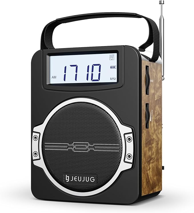 JEUJUG Radio Portable AM FM Digital Radios Clock Radio with Bluetooth 5 Watts Loud Speaker Rechargeable AM FM Radios Plug in Wall Battery Operated Best Reception for Home Outdoor Great Retro