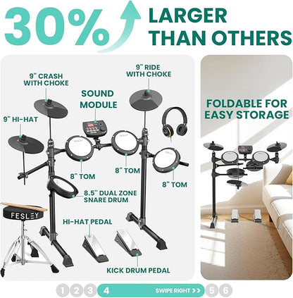Fesley FED150W Electric Drum Set: Dual Zone Snare Drum,2 Cymbals w/Choke, 200 Sounds, 4 Quiet Mesh Drum Pads, Portable Electronic Drum Kit for Beginner, Bluetooth, MIDI, Throne, Headphone, Sticks