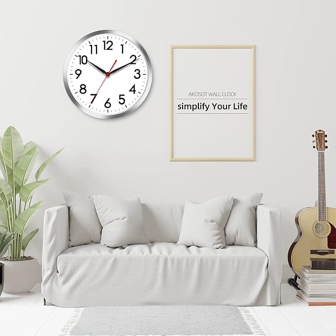 AKCISOT Wall Clock 12 Inch Silent Wall Clocks Battery Operated Non Ticking - Modern Silver Clock Decorative for Kitchen, Bathroom, Bedroom, Living Room, Office, Home