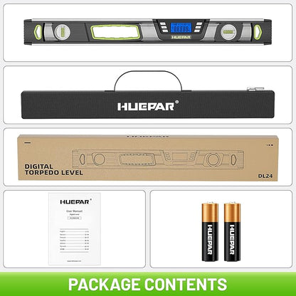 Huepar 24-Inch Digital Level, Professional Magnetic Electronic Torpedo Level with LCD Display, Audible Alerts, IP54 Dust/Waterproof, Angle Finder Tool with Carrying Case