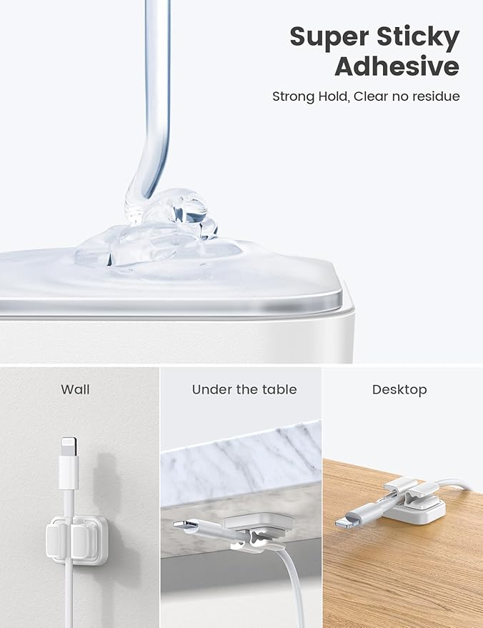 3-in-1 Cord Organizer Spring Clip Holder - Lamicall Small Desk Cable Organizer Clips, Adhesive Adjustable Wire Holder for Phone Charging Cord, Cable Management, Office Desk Accessories, White, 3Pcs