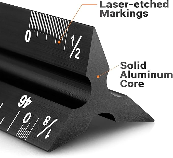 12" Architectural Scale Ruler Aluminum Architect Scale Triangular Scale Ruler for Architects, Draftsman, Students and Engineers, Black