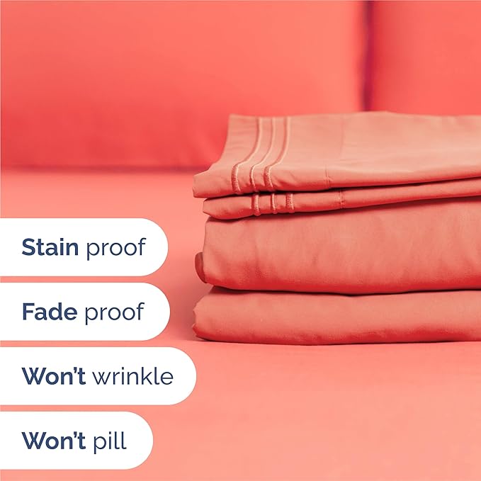 King Size 4 Piece Sheet Set - Comfy Breathable & Cooling Bed Sheets Set - Hotel Luxury Bedding for Women, Men, Kids, Teens, Boys & Girls - Deep Pockets, Ultra-Soft and Wrinkle Free - Oeko-Tex - Coral