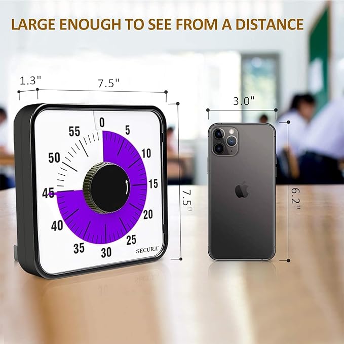 Secura 60-Minute Visual Countdown Timer, 7.5-Inch Oversize Classroom Visual Timer for Kids and Adults, Durable Mechanical Kitchen Timer Clock with Magnetic Backing (Purple)