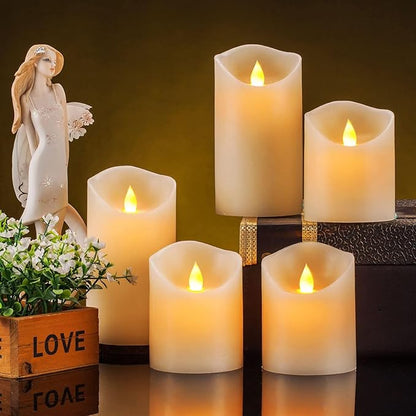 Flameless Candles, Flickering Moving Flame LED Candles Set of 5 (Size: D: 3" x H: 4"/4"/4"/6"/6") Pillar Realistic Real Wax Battery Operated Candles with Remote Control 2 4 6 8 Hours Timer