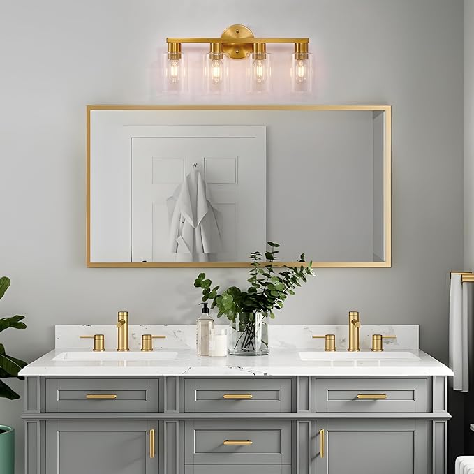 4 Light Gold Bathroom Vanity Light, Brushed Brass Bathroom Light Fixtures with Clear Glass Shade, Modern Wall Lamp Sconce Lighting for Bath Mirror Bedroom Living Room Hallway Porch