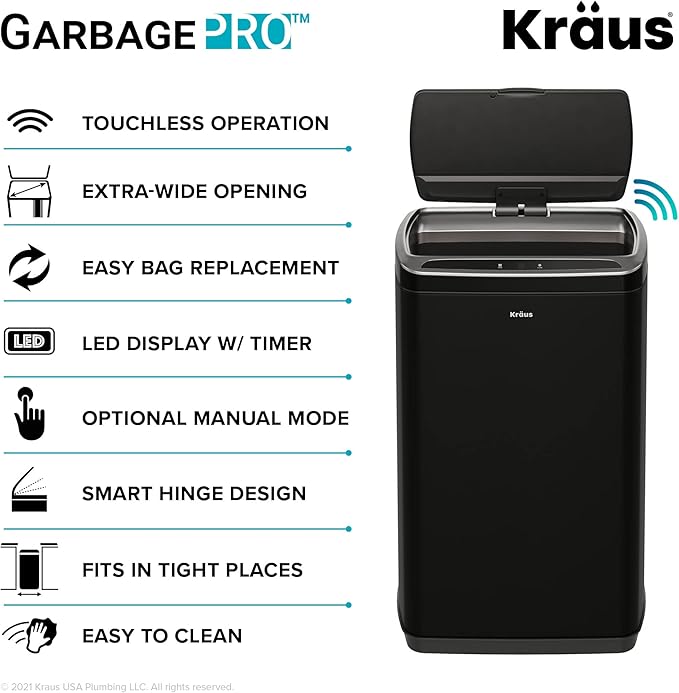 Kraus GarbagePro Rectangular 13 Gallon Hands-Free Motion Sensor Trash Can Battery Operated in Matte Black Finish with SoftShut Touchless Lid, KTCS-10MB