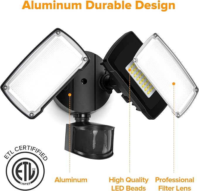 LUTEC 38W 3500 Lumen LED Motion Activated Integrated Dual-Head Floodlight Outdoor with Motion Sensor, 5000K Daylight, Dusk to Dawn, Exterior Security Wall Light for Patio, Garden, Yard(Black)