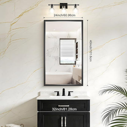 Bathroom Mirror, 40x24 Inch Brushed Black Rectangle Mirror, 0.6" Thickened Deep Metal Framed Vanity Mirrors for Bathroom Sink, Shatterproof Tempered Glass, Antirust, Horizontally or Vertically