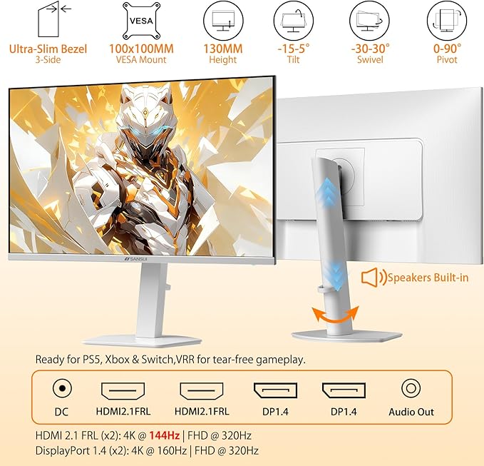 SANSUI 27" 4K Gaming Monitor, UHD 160Hz or FHD 320Hz Dual Mode PC Monitor- Fast IPS 1ms(OD) 丨2×HDMI2.1丨2×DP 1.4丨Built-in Speakers丨Eye Care丨AI Crosshair丨PIP/PBP丨HDR400丨Rotating/Height Adjustable