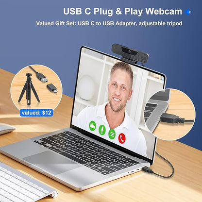 4K Auto Focus Webcam for PC, 4 AI Noise-Canceling Mics UHD Web cam, Auto Light Correction, 85°FOV Computer Web Camera, USB C Plug&Play Webcam with Tripod & Privacy Cover Works w/Zoom/Skype/Google