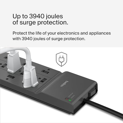 Belkin 12-Outlet Surge Protector Power Strip w/ 12 AC Outlets & 8ft Flat Plug, UL-listed Heavy-Duty Extension Cord for Home, Office, Travel, Computer, Laptop, Charger - 3,940 Joules of Protection