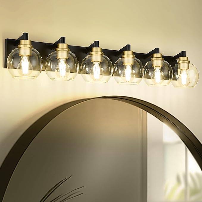 METWET Bathroom Light Fixtures, 6-Light Black and Gold Bathroom Vanity Light, 38 Inch Modern Wall Sconces with Globe Clear Glass Shade, Vanity Lighting Fixtures Over Mirror, VL195-KG-6
