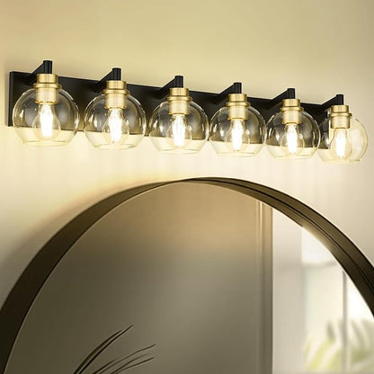 METWET Bathroom Light Fixtures, 6-Light Black and Gold Bathroom Vanity Light, 38 Inch Modern Wall Sconces with Globe Clear Glass Shade, Vanity Lighting Fixtures Over Mirror, VL195-KG-6