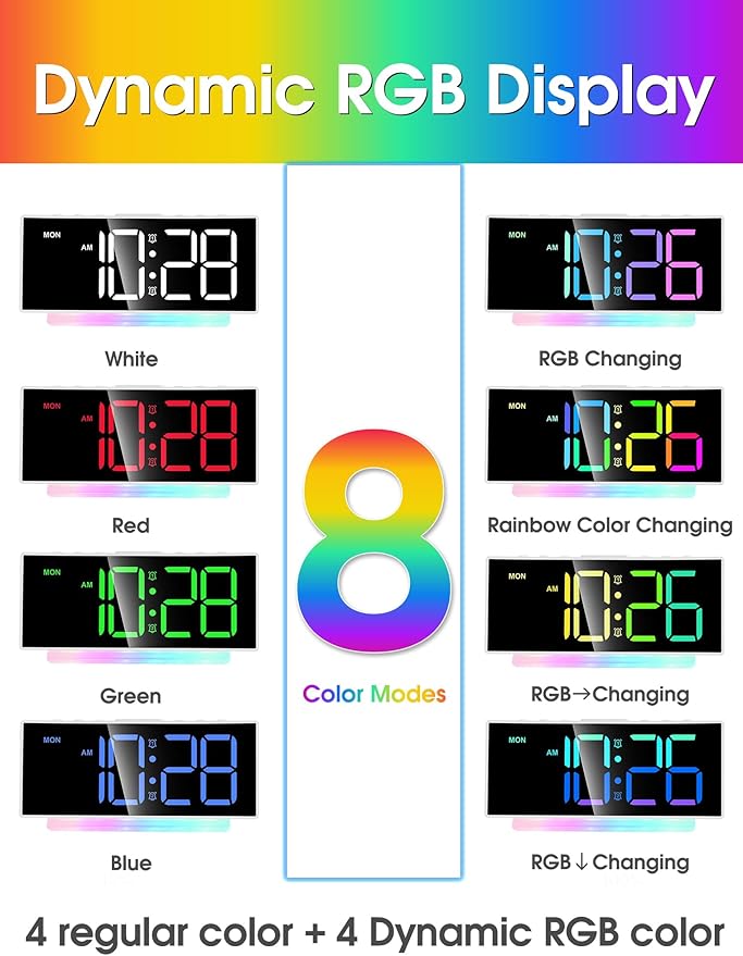 Cadmos Extra Loud Alarm Clock for Heavy Sleepers Adults,Teens,Kids,Rainbow Clock for Bedrooms,Small Bedside Digital Clock with Large Display,7 Color Night Light,12/24h(Black+Dynamic)
