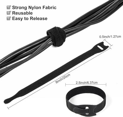OneLeaf 110PCS Reusable Cable Ties, Adjustable 8-inch Cord Organizer Ties, Multi-purpose Hook Loop Cable Management Wire Ties for Organizing Home, Office, Data Centers, Black
