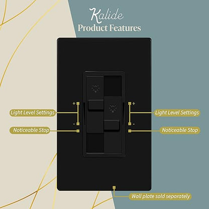 TOPGREENER Kalide Dual Load Dimmer Light Switch, Double LED Dimmer Switch, Full Range Dimming, Single Pole, 120VAC, 60Hz, 200W LED/CFL, Neutral Wire Not Required, TGDDS-BK, Black
