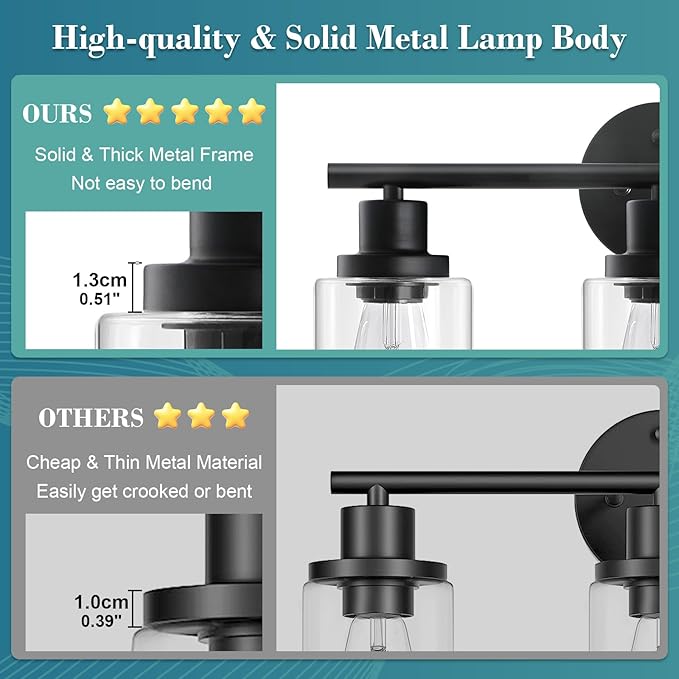 Unicozin Modern Bathroom Light Fixtures, 5 Light Vanity Lights, Black Wall Lamp with Clear Glass for Bathroom, Mirror, Living Room, Bedroom, Hallway, E26 Base