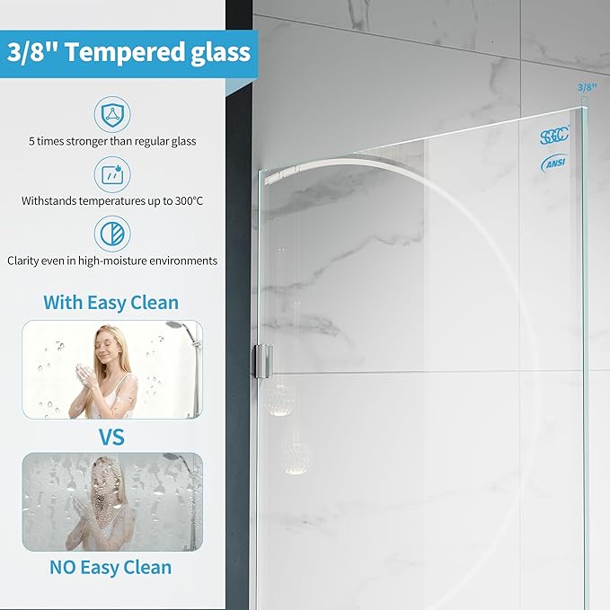 Shower Glass Panel, 28.5" W x 78.75" H Fixed Shower Screen Panel with 3/8"(10mm) SGCC Clear Tempered Glass, Frameless Walk in Shower Door for Bathroom (Chrome, 28.5" W x 78.75" H)