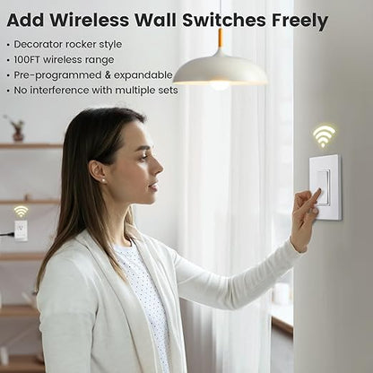 SURAIELEC Wireless Light Switch, Remote Control Outlet, Decorator Rocker Wall Switch, 15 AMP, 100ft RF Range, No Wiring No WiFi, for Plug in Pendant Light, Lamp, Small Electrical Appliance