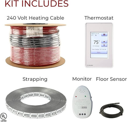 LuxHeat 200sqft Floor Heating Cable Kit - 240v Infloor Heat Kit for Tile - Heated Flooring System Includes UDG4 Programmable Thermostat w/GFCI, Heating Cable, Strapping, Floor Sensor & Alarm