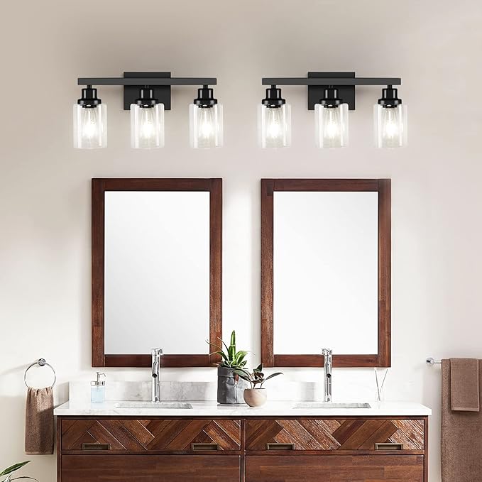 DIKAIDA 3-Light Bathroom Light Fixtures, Black Bathroom Vanity Light with Clear Glass Shade, Modern Bathroom Wall Lights Over Mirror, Farmhouse Wall Sconces Lighting for Bedroom LivingRoom