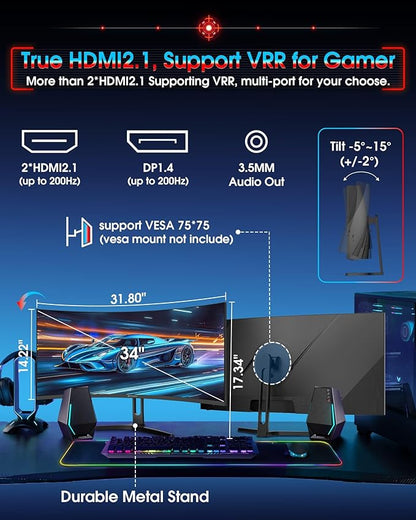 SANSUI 34 Inch UWQHD 200HZ Curved Gaming Monitor, FastVA 3440x1440P Ultrawide 1500R Curved Gaming Computer Monitor 21:9 with PIP PBP, AI Tech Enhance, 2xHDMI2.1 DP1.4Ports(HDMI2.1 Cable Incl.)