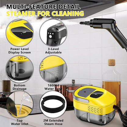 2026 New 3 Level Adjustable Pressurized Handheld Steam Cleaner for Home, 10s Heat-Up Handheld Steamer for Cleaning, 1.6 Qt Tank Portable Steam Cleaner Handheld for Car,Grout,Tile,Couch,Floor