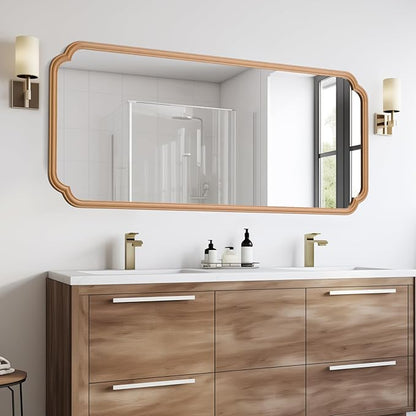 Natural Wood Framed Bathroom Mirror for Wall, 60X24 Inch Wood Bathroom Vanity Mirror Farmhouse, Large Rounded Rectangle Mirror, Tempered Glass, Hangs Horizontally or Vertically