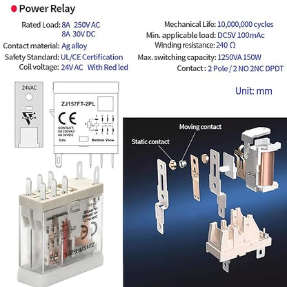 24V AC Relay Electromagnetic Relay 8 Amp 8Pin DPDT 2NO 2NC with Test Button, LED Light Module and Socket Base UL Certification (8 Pin- 5A, AC 24V)