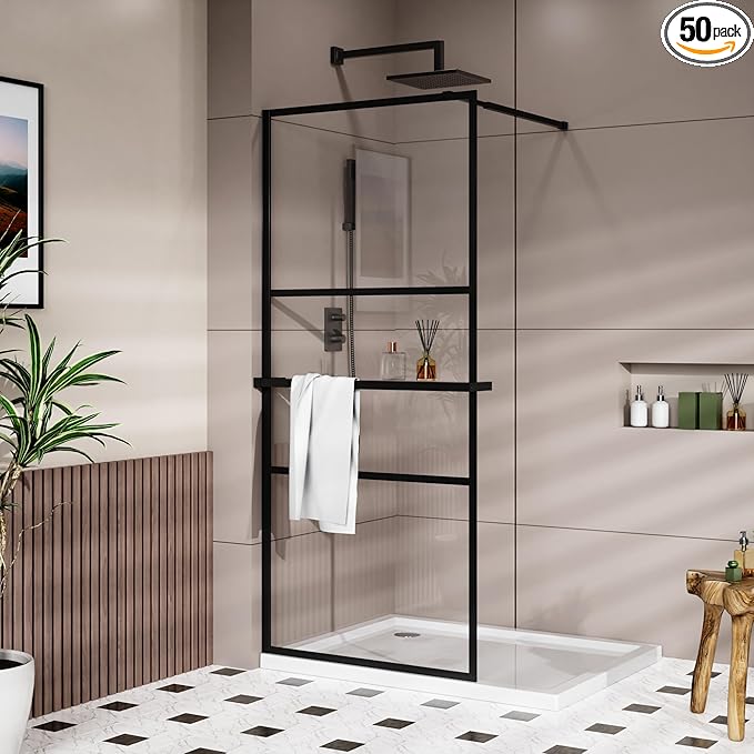 Goodyo 34" x 72" Shower Door Tempered Glass Shower Screen with Tool Bar Towel Rack for Walk in Bathroom 3-Grid Style