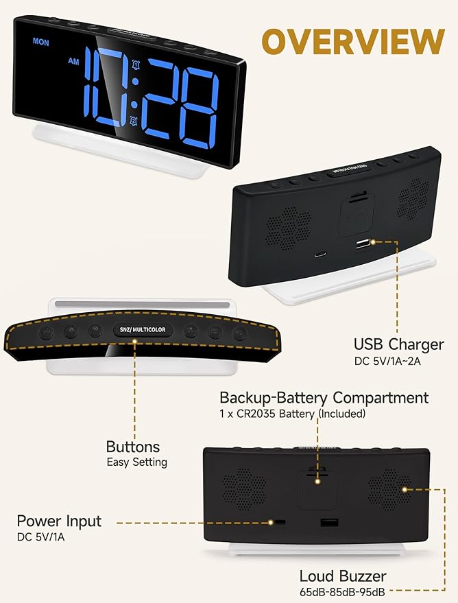 Cadmos Extra Loud Alarm Clock for Heavy Sleepers Adults,Teens,Kids,Rainbow Clock for Bedrooms,Small Bedside Digital Clock with Large Display,7 Color Night Light,12/24h(Black+Dynamic)