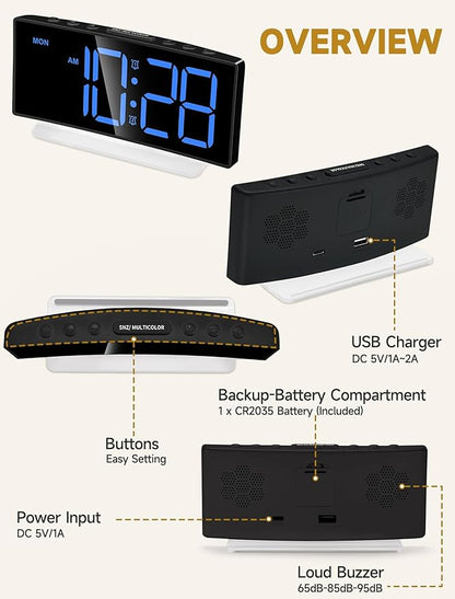 Cadmos Extra Loud Alarm Clock for Heavy Sleepers Adults,Teens,Kids,Rainbow Clock for Bedrooms,Small Bedside Digital Clock with Large Display,7 Color Night Light,12/24h(Black+Dynamic)